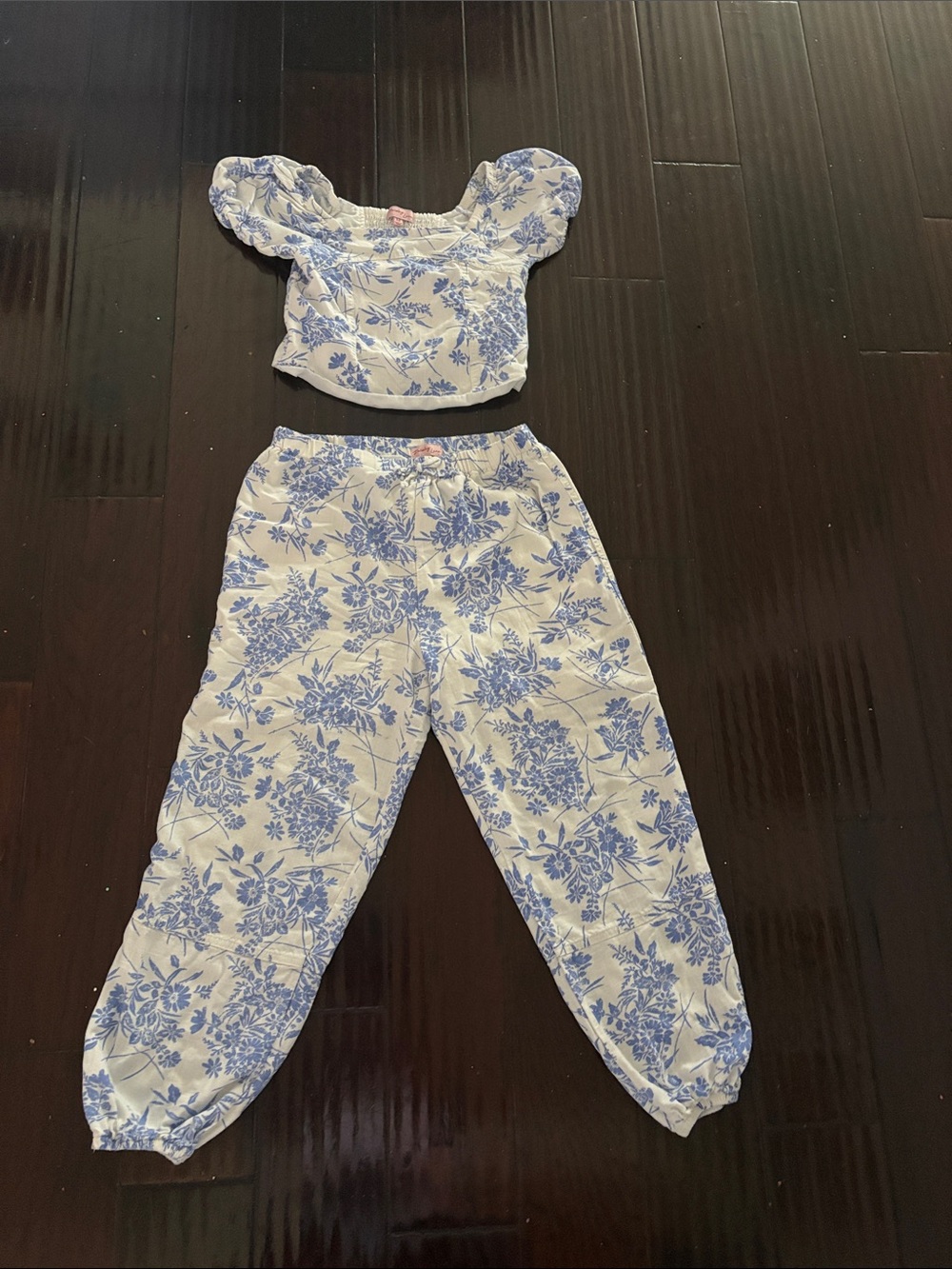Girls Blue Floral Matching Set - Top & Pants